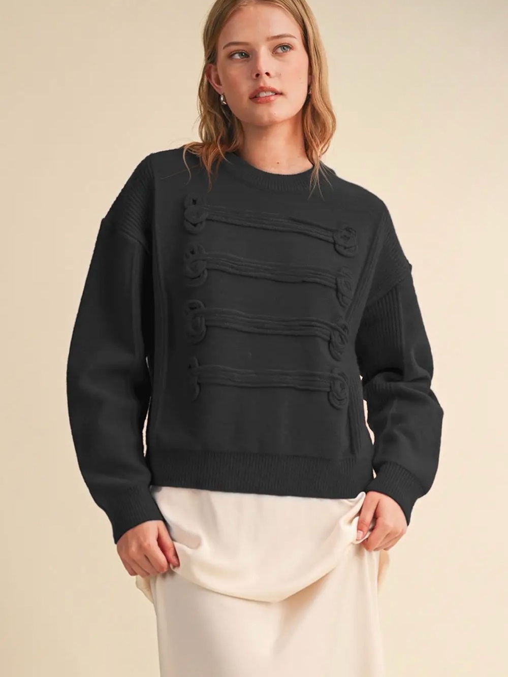 036. Military Inspired Napoleon Toggle Detail Crewneck Sweater Black
